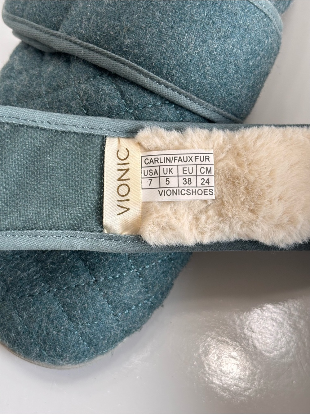 Vionic Carlin Women Sz 7 Green Quilted Slip On Slippers Arch Support Comfort Fur - Picture 12 of 14